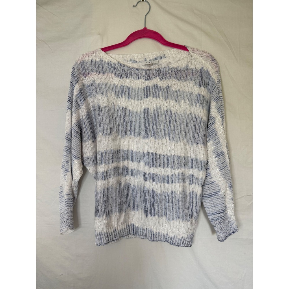 Sioni Women's Blue White Space Dye Striped Open Knit Dolman Sweater Medium